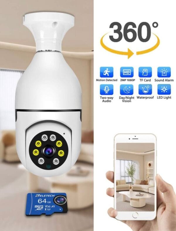 1pc With 64GB Card 360° Creative Bulb Shaped 2MP 1080P Surveillance Camera
