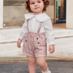 2pcs Baby Girls Elegant Peter Pan Collar Ruffle Trim Long Sleeve Shirt & Plaid Suspender Shorts Set,