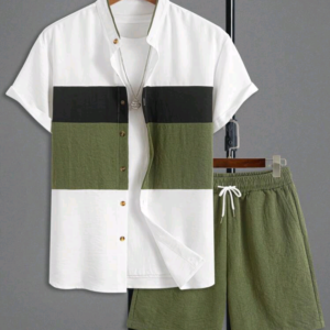 Men's Casual 2pcs Set Solid Color Contrast Splice Design Open Front Short Sleeve Shirt & Drawstring Shorts