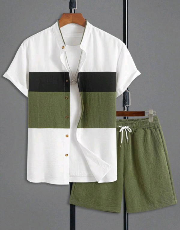 Men's Casual 2pcs Set Solid Color Contrast Splice Design Open Front Short Sleeve Shirt & Drawstring Shorts