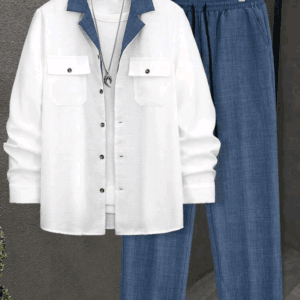 Men's 2 Pieces Set Contrast Color Trim Single-Breasted Collared Long Sleeve Shirt And Drawstring Solid Color Long Pants Casual Regular Suit, Autumn