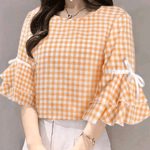 Crew Neck Mid-Length Sleeve Tie-Up Plaid Blouse, Casual Everyday Wear