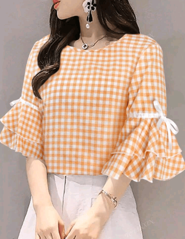Crew Neck Mid-Length Sleeve Tie-Up Plaid Blouse, Casual Everyday Wear