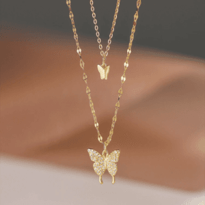 1pc Double-Layered Gold-Tone Butterfly Necklace With Rhinestones, Alloy Material, Perfect Gift For Girlfriend
