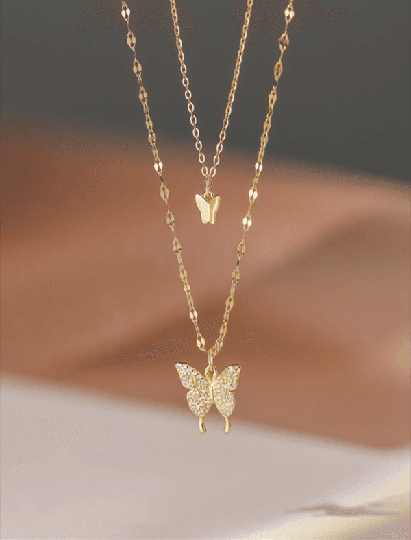 1pc Double-Layered Gold-Tone Butterfly Necklace With Rhinestones, Alloy Material, Perfect Gift For Girlfriend