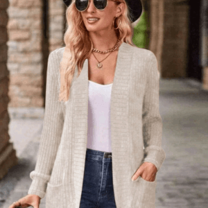 LUNE Women's Casual Ribbed Brushed Cardigan With Side Pockets & Shorts Set