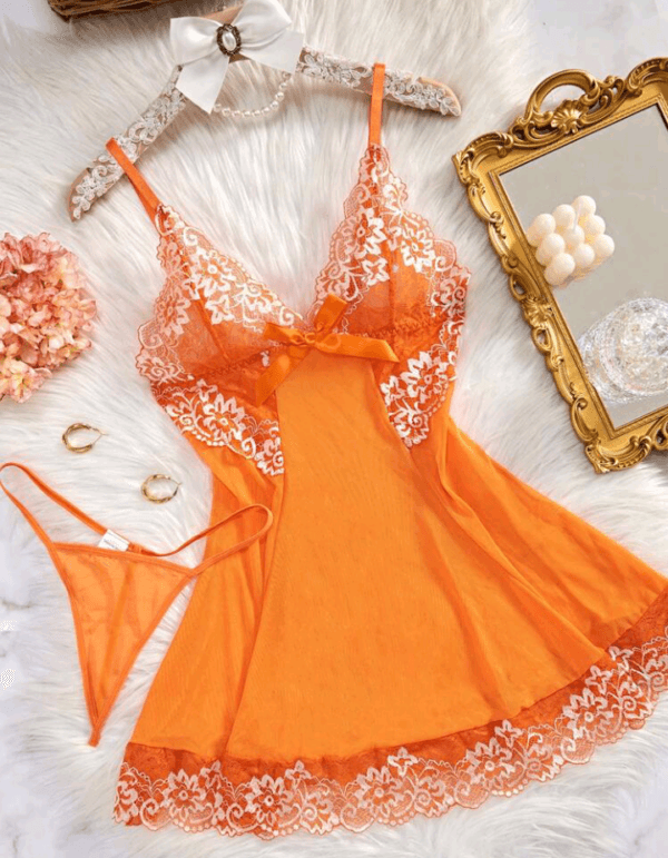 1pc Sexy Women European & American Style Lace Mesh Bow Tied Lingerie Set, Nightgown & Sleepwear