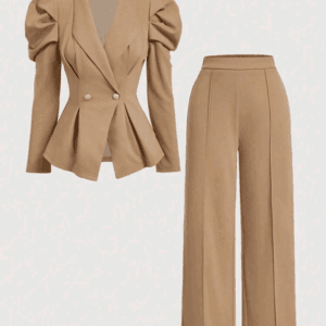 MOD Women 2 Pieces Set Brown Vintage Flared Sleeve Fitted Blazer & Straight Leg Pants, Holiday Women Outfits, Women Clothes, New Year, Classy Outfits, New Years