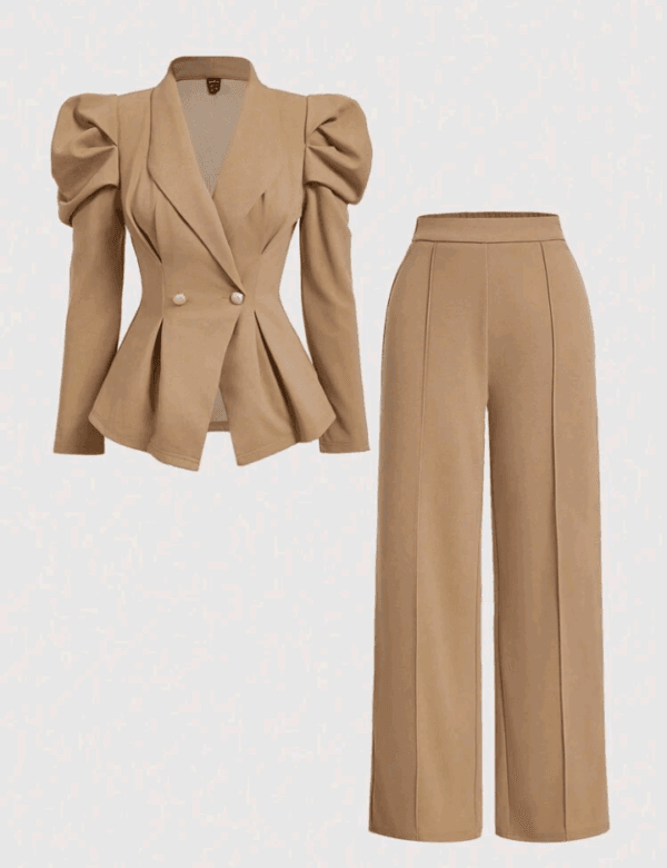 MOD Women 2 Pieces Set Brown Vintage Flared Sleeve Fitted Blazer & Straight Leg Pants, Holiday Women Outfits, Women Clothes, New Year, Classy Outfits, New Years