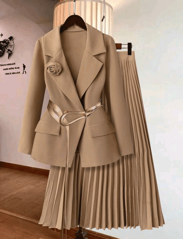 Raffinéa French Elegant Floral Decor Long Sleeve Blazer & Knee-Length A-Line Skirt Suit For Women, Autumn/Winter