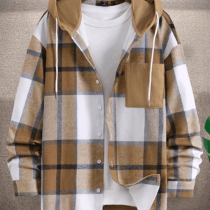 Manfinity Hypemode Men's Spring/Autumn Casual Plaid Patched Graphic Long Sleeve Shirt With Drawstring Hood And Pocket, Without Tee For Going Out
