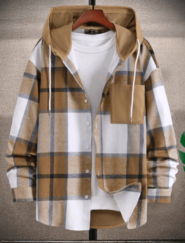 Manfinity Hypemode Men's Spring/Autumn Casual Plaid Patched Graphic Long Sleeve Shirt With Drawstring Hood And Pocket, Without Tee For Going Out