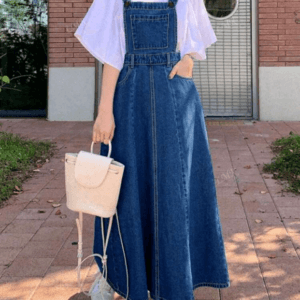Women's Casual Pocket Maxi Length Denim Pinafore Dress