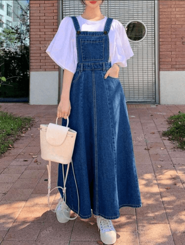 Women's Casual Pocket Maxi Length Denim Pinafore Dress