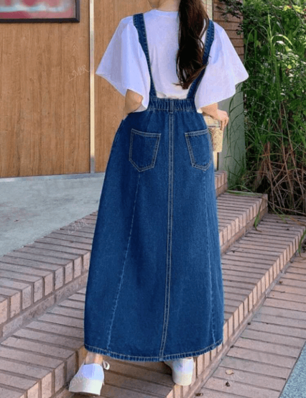 Women's Casual Pocket Maxi Length Denim Pinafore Dress - Image 2