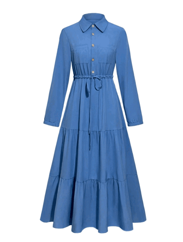 Solid Button Front Cinched Waist Shirt Dress - Image 3