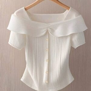 Women's Elegant Ruffle Button Slim Fit Short Sleeve T-Shirt