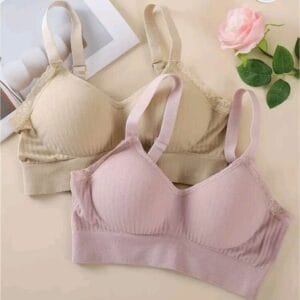 2pcs/Set Soft Seamless Lace Trim Bras, Comfortable Daily Support T-Shirt Bra, Versatile Elegant Style, Breathable Cup