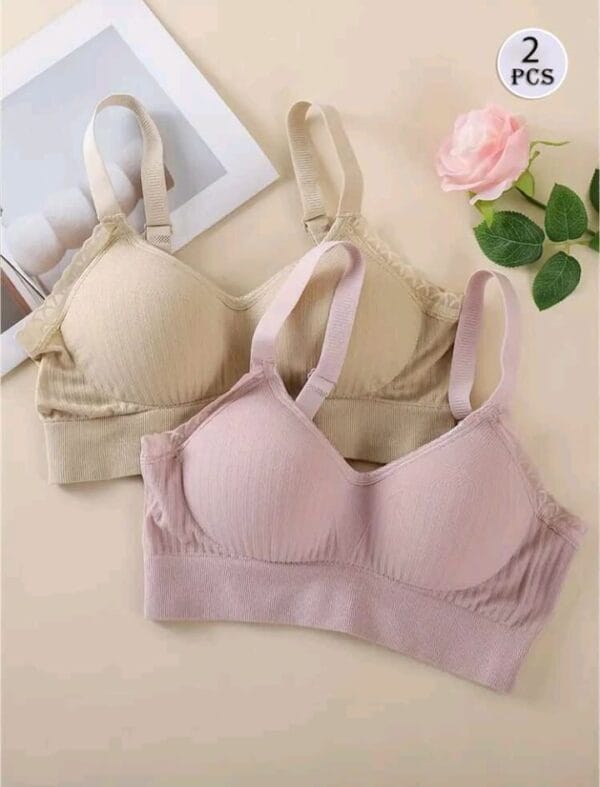 2pcs/Set Soft Seamless Lace Trim Bras, Comfortable Daily Support T-Shirt Bra, Versatile Elegant Style, Breathable Cup