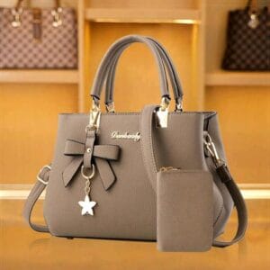 2pcs/Set Women's Solid Handbag With Bowknot Pendant And Card Holder,Made Of Pu Material,Suitable For Everyday,Casual,Shopping,Business And Commute,School Bag Set,Portable,Classic Casual,Business Casual,For Teen Girls Women College Students,White-Collar Workers,College,Perfect For Office,Elementary School
