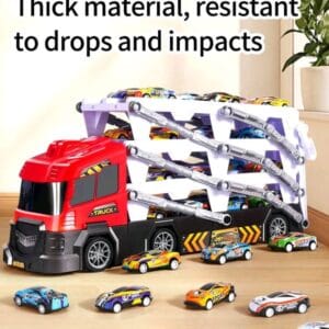 1 Set New 4-Layer Transformable Launching Freight Container Truck Playset With 8 Metal Cars, Featuring Realistic Flatbed Trailer, Transport Truck, Sliding Car, Container Truck Track, And Inertial Alloy Racing Cars. Random Colors For Small Parts