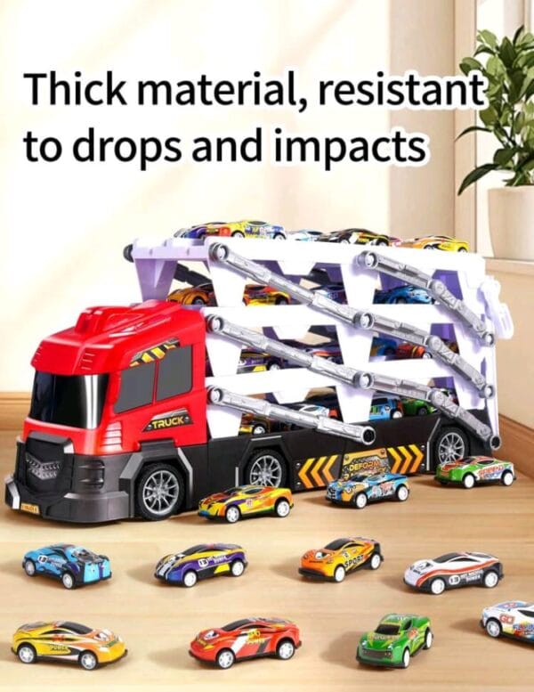1 Set New 4-Layer Transformable Launching Freight Container Truck Playset With 8 Metal Cars, Featuring Realistic Flatbed Trailer, Transport Truck, Sliding Car, Container Truck Track, And Inertial Alloy Racing Cars. Random Colors For Small Parts