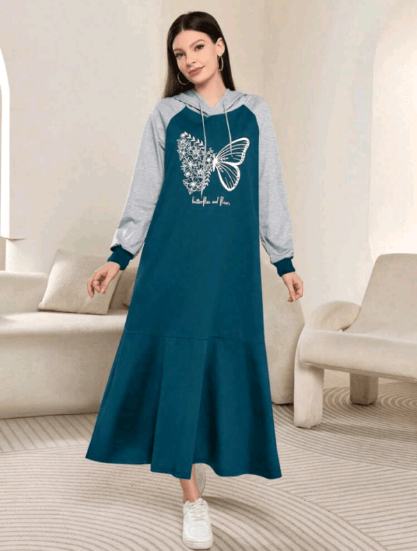 Mulvari Women's Casual Contrast Color Patchwork Butterfly Print Drawstring Hooded Long Sweatshirt, Autumn/Winter