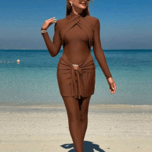 Swim Shayni 2pcs Set Elegant Beach Solid Color Cross Strap Halter Long Sleeve Top And Solid Color Long Pants Burkini Swimsuit Arabic Clothing