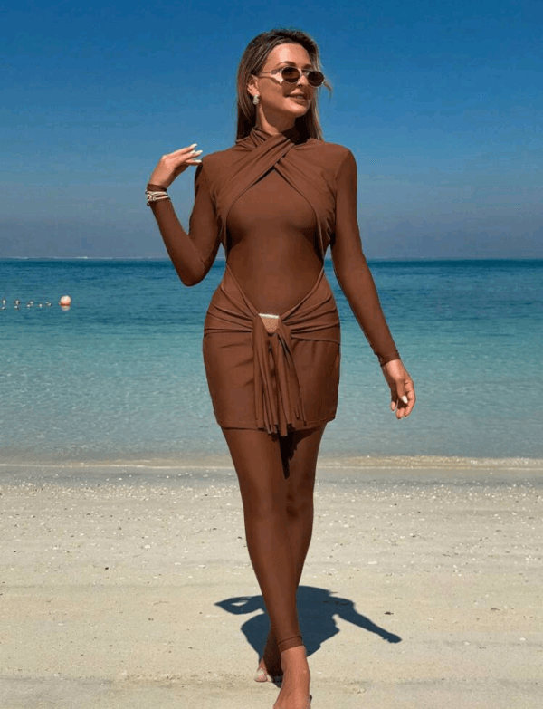 Swim Shayni 2pcs Set Elegant Beach Solid Color Cross Strap Halter Long Sleeve Top And Solid Color Long Pants Burkini Swimsuit Arabic Clothing