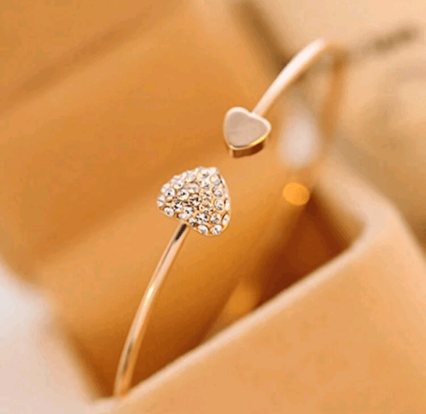 Crystal Double Heart Shaped Bracelet With Diamond, Open Gold-Plated Bangle - Image 2