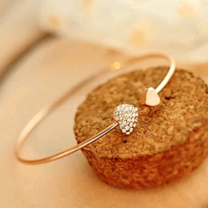 Crystal Double Heart Shaped Bracelet With Diamond, Open Gold-Plated Bangle