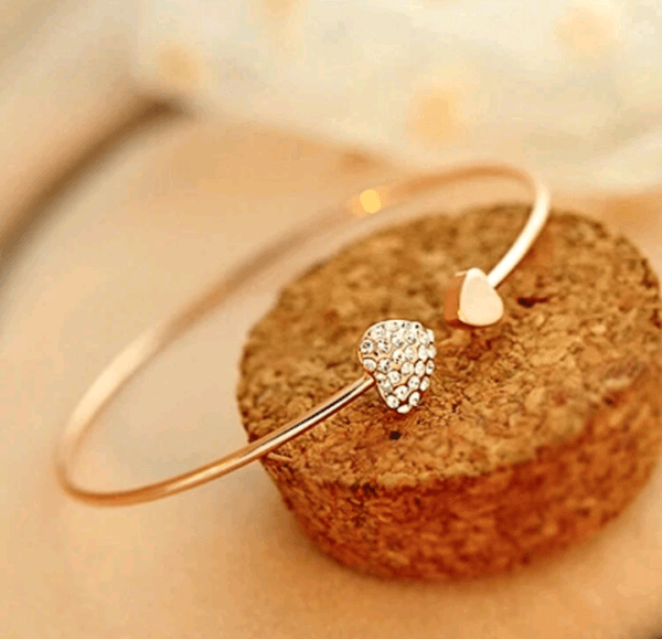 Crystal Double Heart Shaped Bracelet With Diamond, Open Gold-Plated Bangle