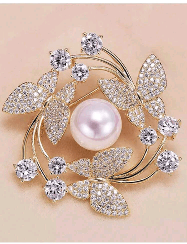 1pc Golden Butterfly Elegant Zinc Alloy Pearl Rhinestone Brooch, Suitable For Party & Daily Wear - Image 2