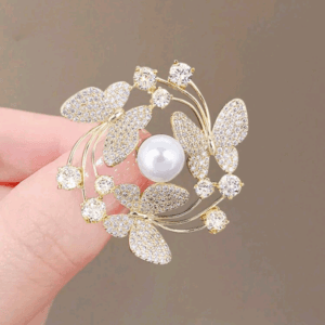 1pc Golden Butterfly Elegant Zinc Alloy Pearl Rhinestone Brooch, Suitable For Party & Daily Wear