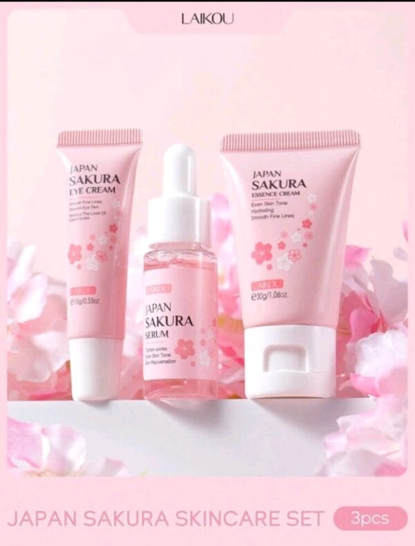 LAIKOU 3 In 1 Set Moisture Repair LAIKOU Japan Sakura Travel Kit Skincare Set, Smoothing Serum 17ml Remove Eye Bag Dark Circles Eye Cream 15g Reduce Fine Lines Moisturizer 30g For Travel Dark Spot Correction Spa Beauty And Self Care For Women & Girls Mother's Day Gift Makeup