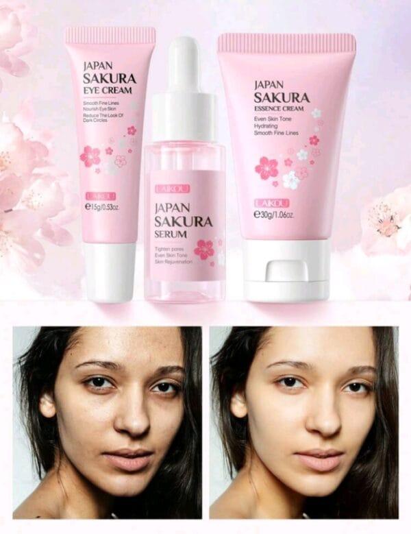 LAIKOU 3 In 1 Set Moisture Repair LAIKOU Japan Sakura Travel Kit Skincare Set, Smoothing Serum 17ml Remove Eye Bag Dark Circles Eye Cream 15g Reduce Fine Lines Moisturizer 30g For Travel Dark Spot Correction Spa Beauty And Self Care For Women & Girls Mother's Day Gift Makeup - Image 2