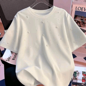 Chiquease Summer Fashion Round Neck Bubble Faux Pearl White Short Sleeve T-Shirt Summer Top
