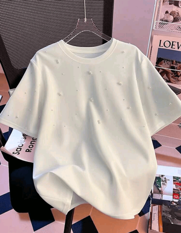 Chiquease Summer Fashion Round Neck Bubble Faux Pearl White Short Sleeve T-Shirt Summer Top