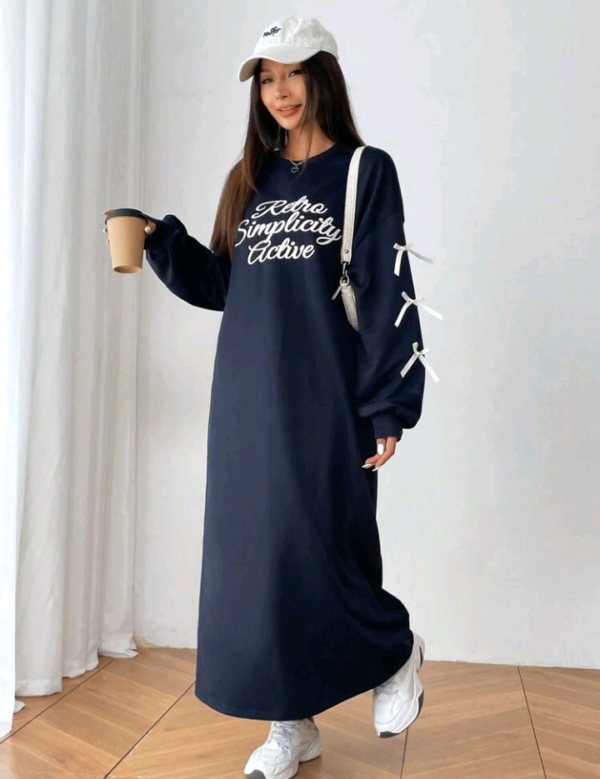Mulvari Women's Crewneck Long Sleeve Letter Print Bow Decor Sweatshirt Dress,Long Sleeve Tops - Image 2