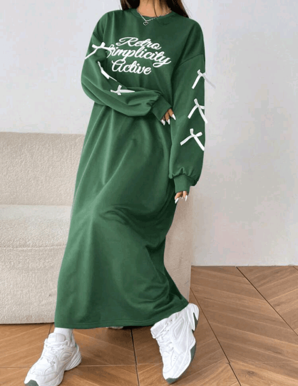 Mulvari Women's Crewneck Long Sleeve Letter Print Bow Decor Sweatshirt Dress,Long Sleeve Tops - Image 3
