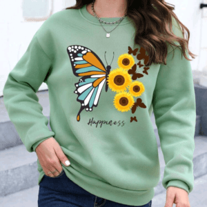 INAWLY Butterfly & Floral Print Drop Shoulder Sweatshirt,Long Sleeve Tops