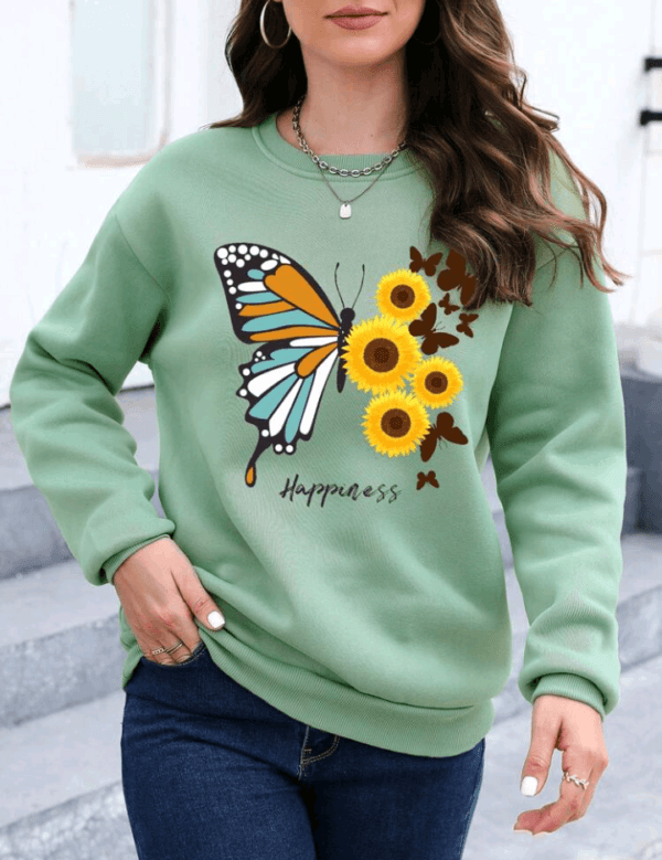 INAWLY Butterfly & Floral Print Drop Shoulder Sweatshirt,Long Sleeve Tops