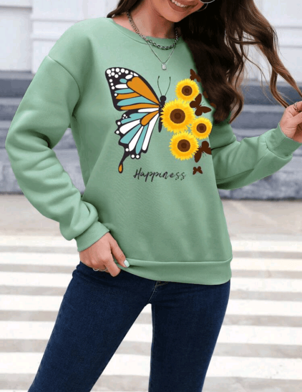 INAWLY Butterfly & Floral Print Drop Shoulder Sweatshirt,Long Sleeve Tops - Image 3