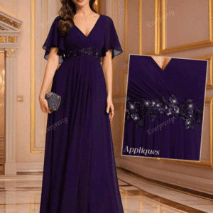 EVER-PRETTY Elegant Spring V-Neck Embroidered Ruffle Sleeve Appliques Pleated Chiffon Purple Bridesmaid Dresses Formal Dress Wedding Guest Gown
