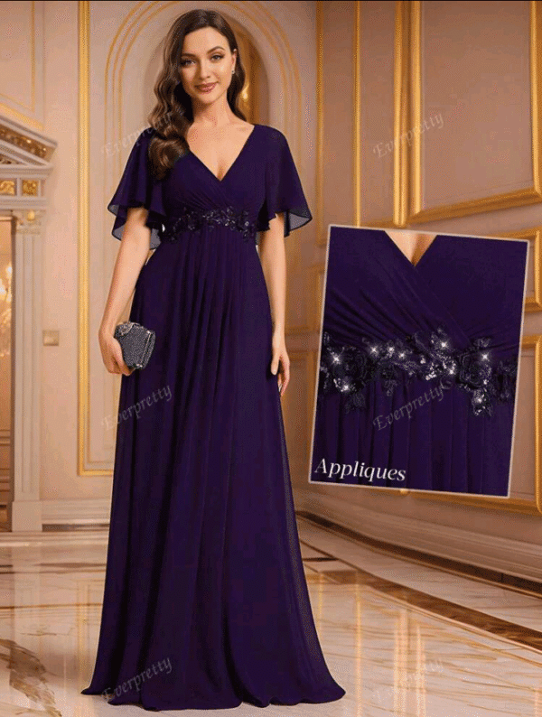 EVER-PRETTY Elegant Spring V-Neck Embroidered Ruffle Sleeve Appliques Pleated Chiffon Purple Bridesmaid Dresses Formal Dress Wedding Guest Gown