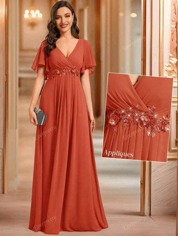 EVER-PRETTY Elegant Spring V-Neck Embroidered Ruffle Sleeve Appliques Pleated Chiffon Purple Bridesmaid Dresses Formal Dress Wedding Guest Gown - Image 2