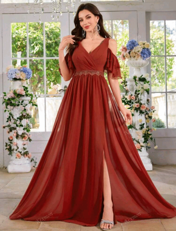 Chiffon Minimalist Off Shoulder Embroidered Sexy V-Neck Bodycon Party Wedding Dress