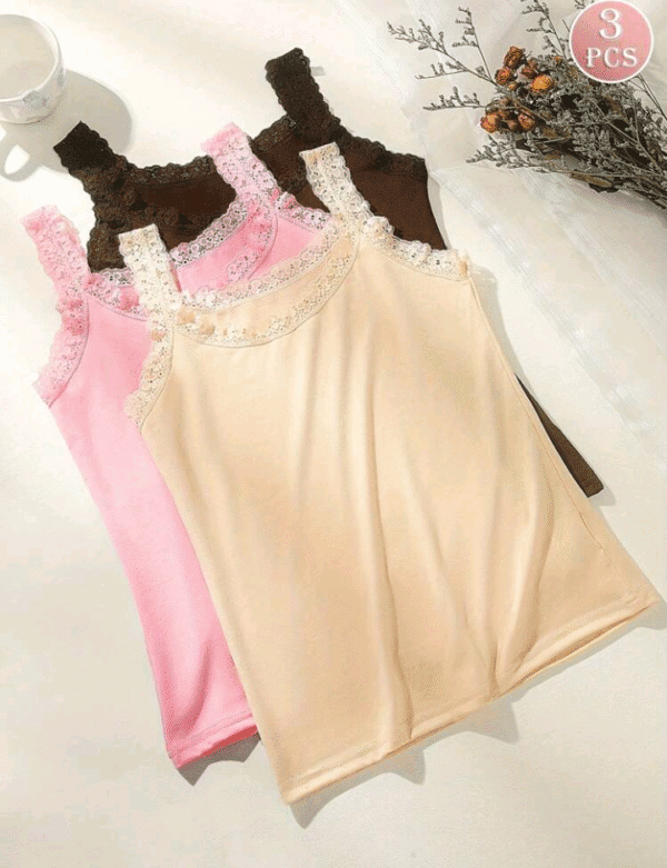 3pcs/Pack Women's Solid Color Lace Trim Crew Neck Sleeveless Patchwork Tank Top, Lightweight Camisole