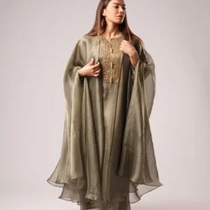 Rajoua Olive Green Abaya, Elegant Kaftan with cape in silk chiffon.