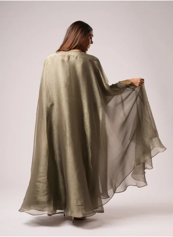 Rajoua Olive Green Abaya, Elegant Kaftan with cape in silk chiffon. - Image 2